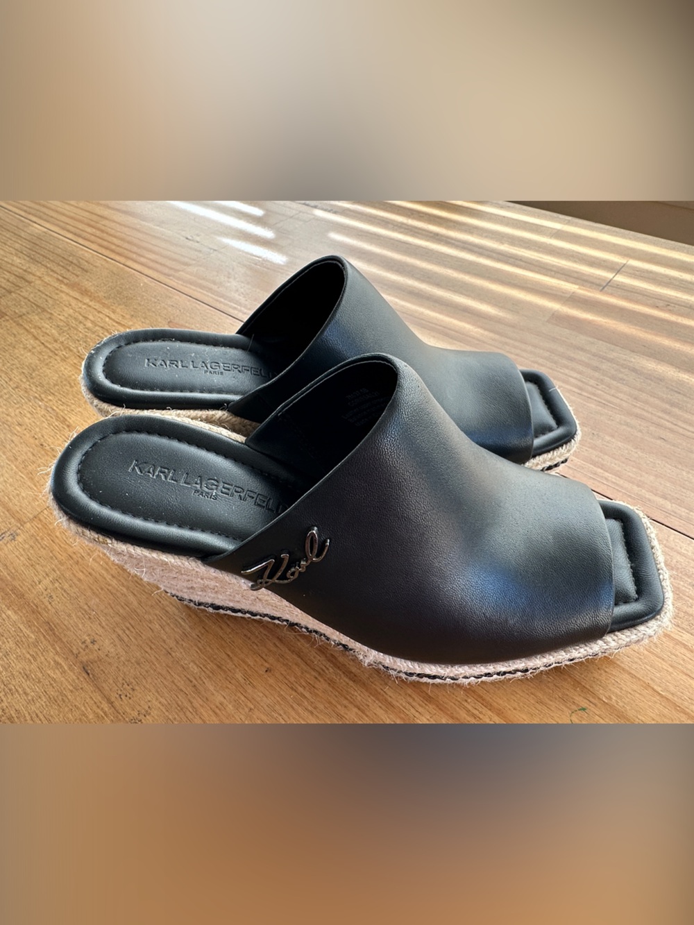 Karl Lagerfeld Black Leather Espadrille Mule with Logo Accent